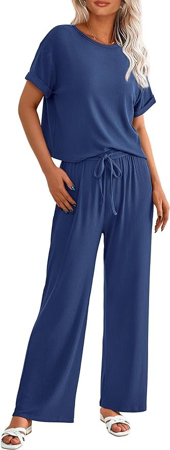 PRETTYGARDEN Women's Summer 2 Piece Knit Loungewear Short Sleeve T Shirts Wide Leg Pants Tracksui... | Amazon (US)