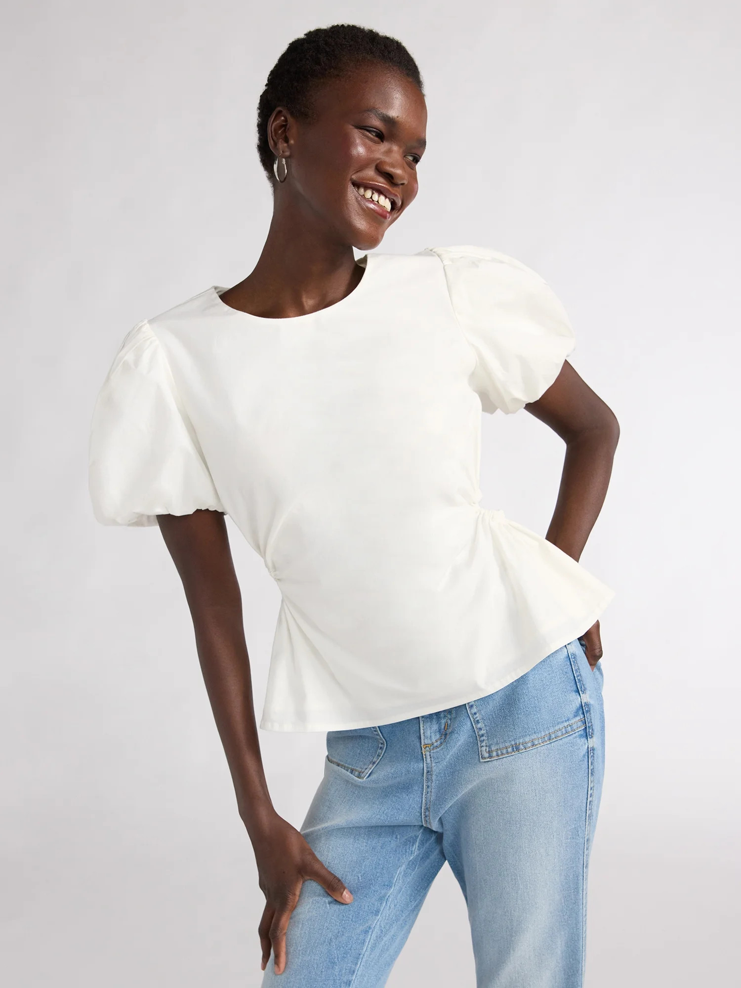 Scoop Women's Poplin Puff Sleeve Top with Cutouts, Sizes XS-XXL | Walmart (US)