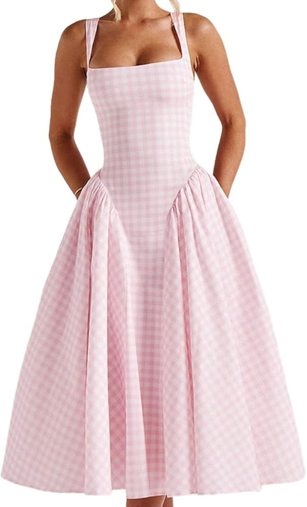 Summer Gingham Long Dress Corset Square Neck Lace Up Casual Sundress Backless A Line Short Dresse... | Amazon (US)