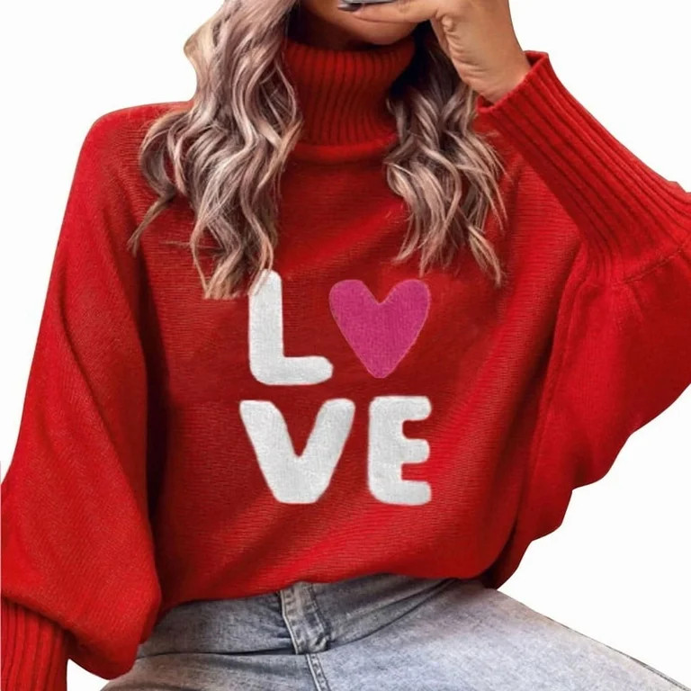 Valentine Sweaters for Women Juniors Loose Batwing Sleeve Turtleneck Sweater Knit Warm Pullover S... | Walmart (US)