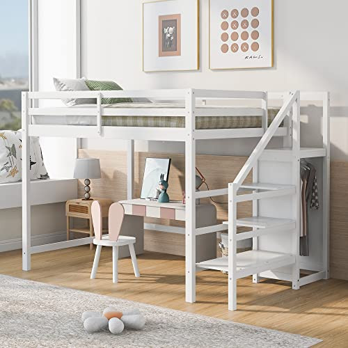 Merax Full Size Loft Bed with Built-in Storage Wardrobe and Staircase, No Box Spring Needed, Whit... | Amazon (US)