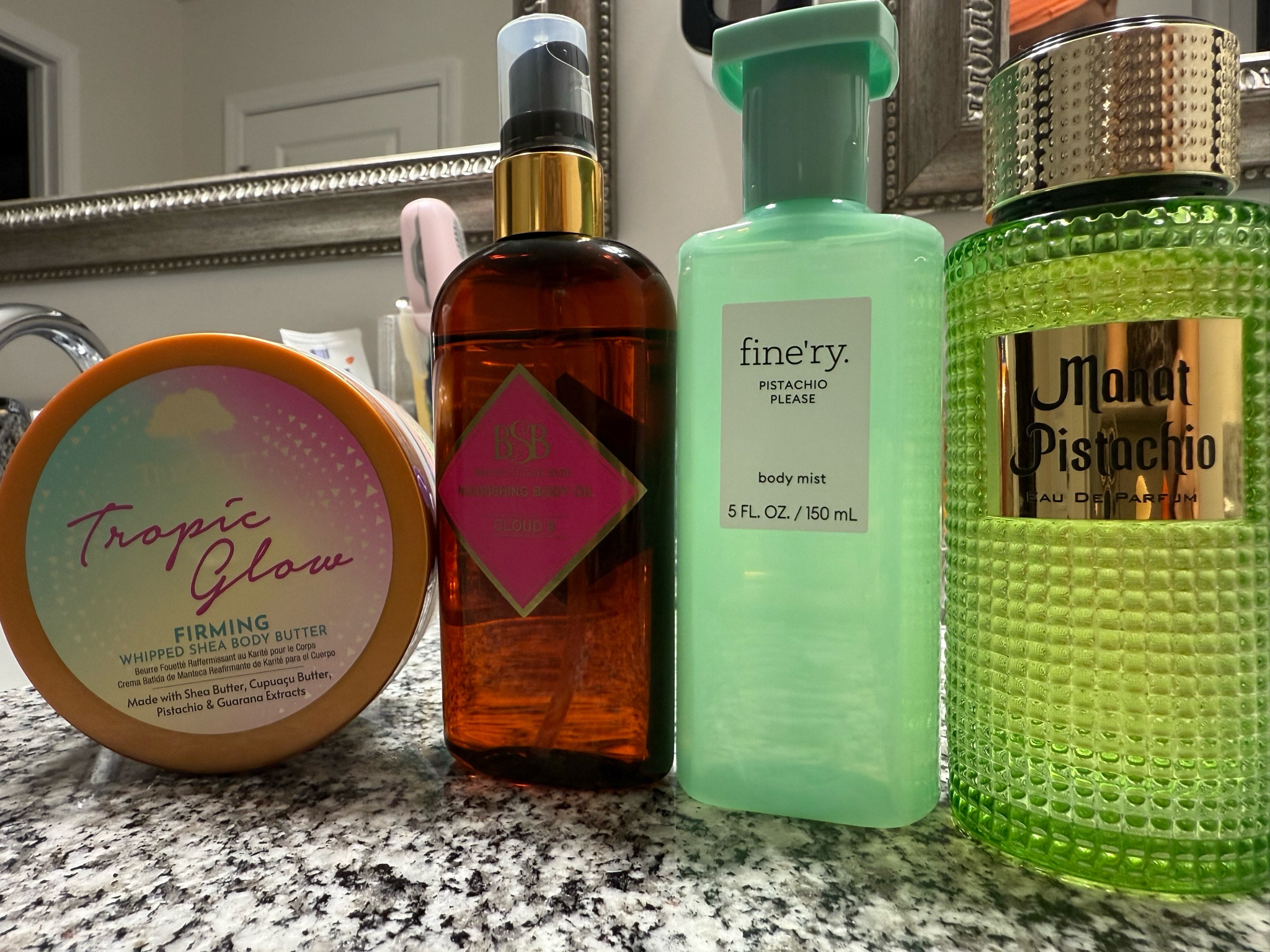 💚I SMELL GOOD💚

Ole Winter 🥶 got a little attitude because we’ve been getting a hint of Spring! So she wants to come back one last time. Why not pull out my pistachio #SOTD!

Brown Sugar Babe Cloud 9 
Top: Whipped Vanilla Cream, Marshmallow.
Middle: Magnolia Blossom.
Base: Sandalwood

Tree Hut Tropic Glow 
Notes:
Tropic Glow Whipped Shea Body Butter is lightly scented with notes of almond, golden amber, and Australian sandalwood. 

Finery Pistachio Please Body Mist
Notes: Pistachio Milk, Fluffy Vanilla, Tonka Bean

Anam Perfumery Manat Pistachio
Top Notes: Pistachio, Marshmallow, hazelnut 
Middle Notes: Jasmine, pear and peach
Bottom notes: cotton candy, whipped cream and vanilla 




#LTKFindsUnder50 #LTKOver40 #LTKBeauty