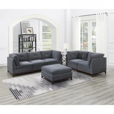 Chenille Fabric Modular Sofa Set 6Pc Set Living Room Furniture Couch Sofa Loveseat 4X Corner Wedge 1X Armless Chair And 1X Ottoman Tufted Back Exposed | Wayfair North America