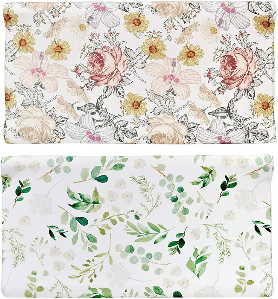 Diaper Changing Pad Cover, 2 Pack, Floral Changing Table Cover, Green Leaf Changing Pad Covers, J... | Amazon (US)