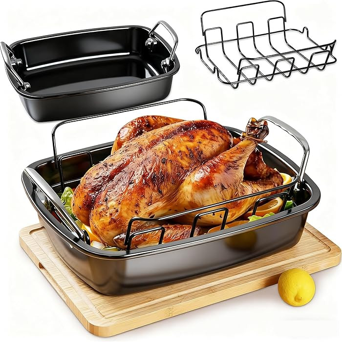 Large Nonstick Roasting Pan with Rack (17x13 Inch) -Turkey Roasting Pan with Wider Handles, Heavy... | Amazon (US)