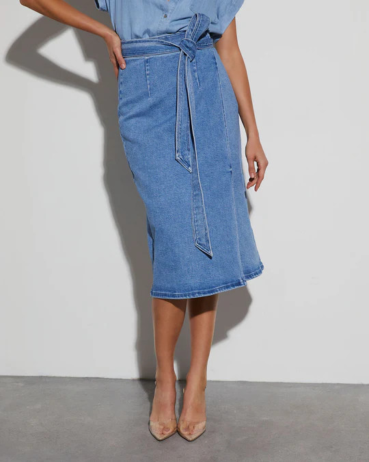 Class Act Denim Wrap Midi Skirt | VICI