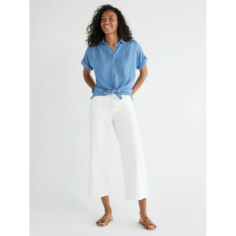 Time and Tru Women's Button Down Camp Shirt with Roll Cuff Sleeves, Sizes XS-XXXL | Walmart (US)