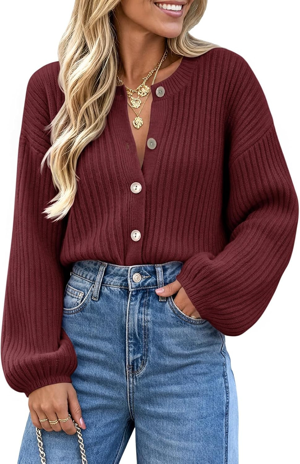 Saodimallsu Womens Button Down Cardigan Lantern Sleeve Fall Casual Sweaters | Amazon (US)