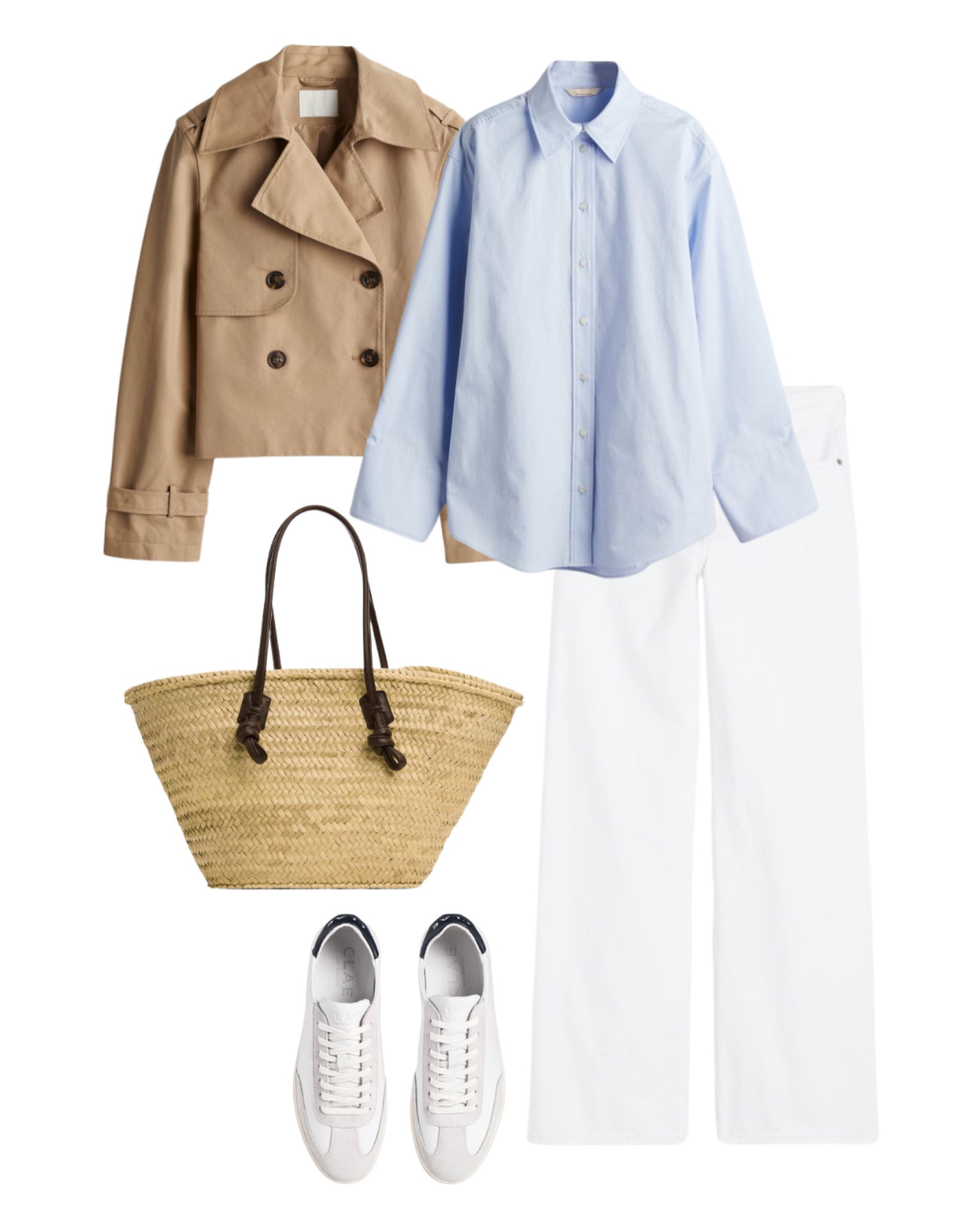 Trench jacket, blue shirt, basket bag, sneakers, spring outfit 

#LTKstyletip #LTKSeasonal #LTKover40