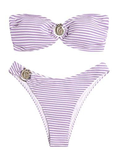ZAFUL Women's Bandeau Bikini O Ring Strapless Tie Back High Cut Two Piece Swimsuit Bathing Suits | Amazon (US)