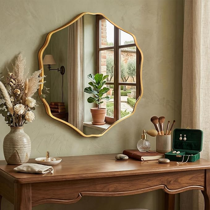 Irregular Hexagon Wall Mirror with Wavy Edge, Modern Decorative Mirror for Bathroom, Bedroom, Liv... | Amazon (US)