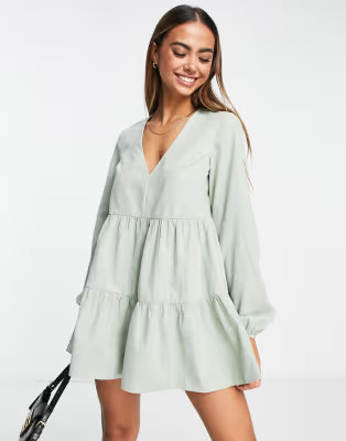 ASOS DESIGN cupro smock puff sleeve romper in sage | ASOS (Global)