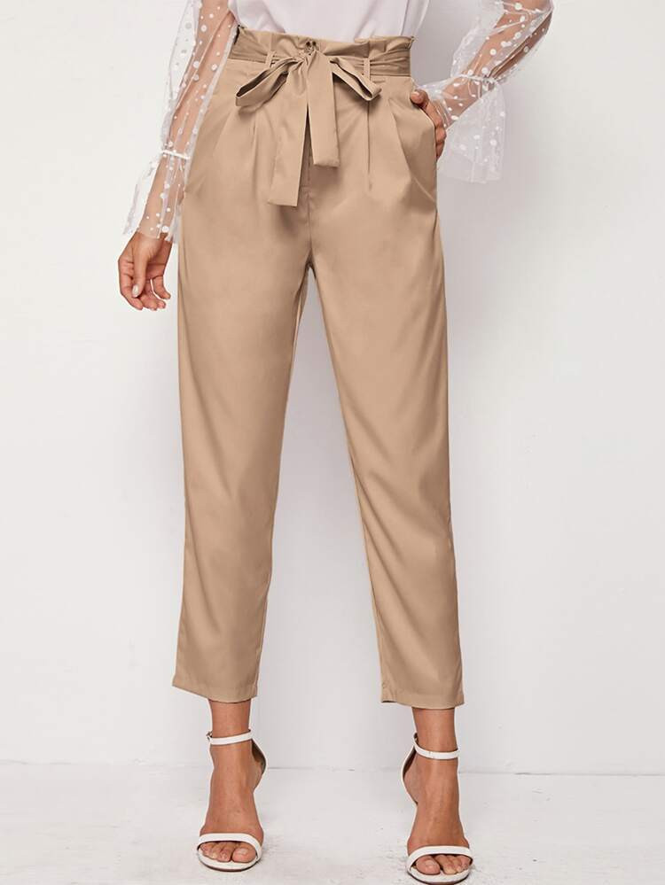Paperbag Waist Self Belted Slant Pocket Tailored Pants | SHEIN