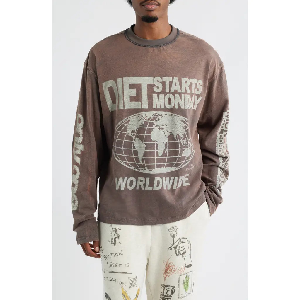 DIET STARTS MONDAY Worldwide Long Sleeve Cotton Graphic T-Shirt in Vintage Black at Nordstrom, Size Small | Nordstrom