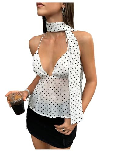 Floerns Women's Polka Dots Tie Front Tops Backless Camisole Tie Back Cami Top with Ribbon | Amazon (US)