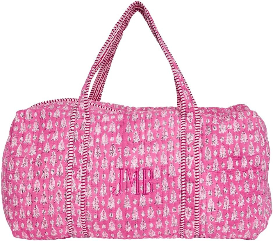 Monogrammed Quilted Duffel Bag for Women Personalized Cotton Travel Bag Floral Weekender Overnight Bag Carry On with Luggage Sleeve (Pink Lotus) | Amazon (US)