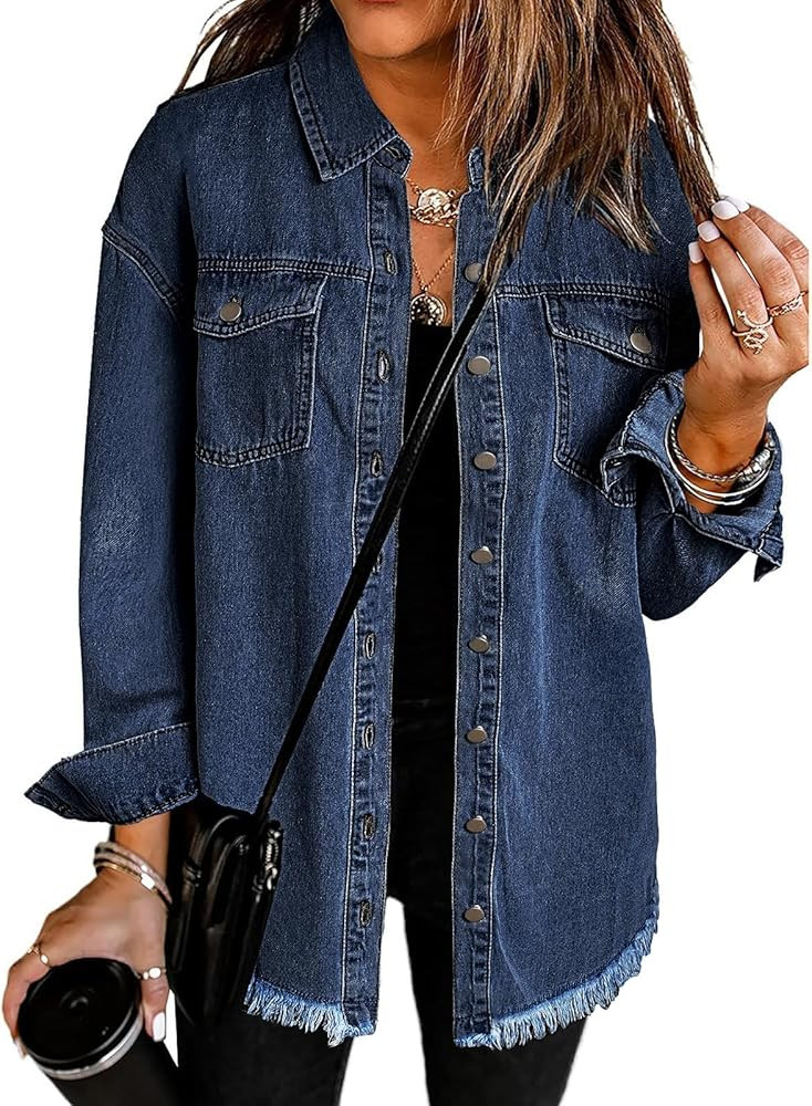Vetinee Women’s Oversized Button Up Frayed Hem Shacket Long Sleeve Pockets Denim Jean Jacket | Amazon (US)