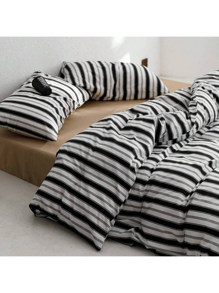 3Pcs Black And White Striped Duvet Cover 100% Cotton College Bedding Dorm Room Grey Modern Beddin... | SHEIN