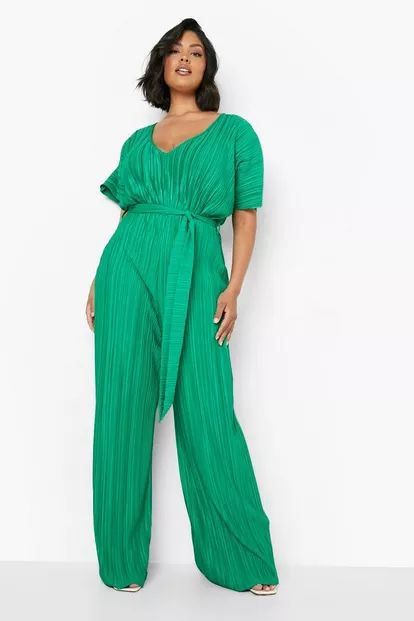 Plus Plisse Kimono Sleeve Belted Jumpsuit | Boohoo.com (US & CA)