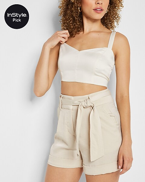 Super High Waisted Satin Tie Belt Tailored Shorts | Express