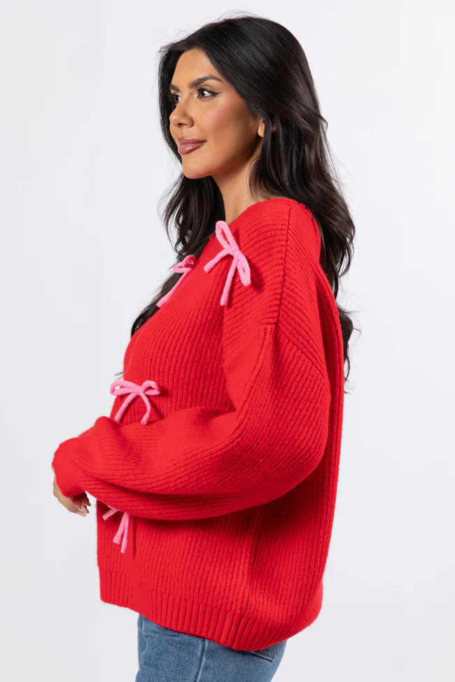 Knot Your Average Bow Red Embroidered Bow Sweater | Pink Lily