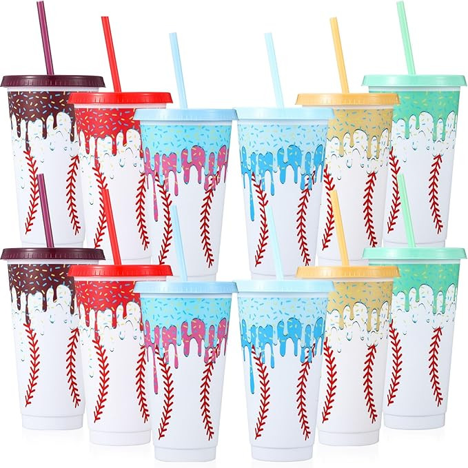 Yungyan 12 Pcs 24 oz Ice Cream Drip Baseball Cups with Lids and Straws Softball Plastic Ice Cream... | Amazon (US)