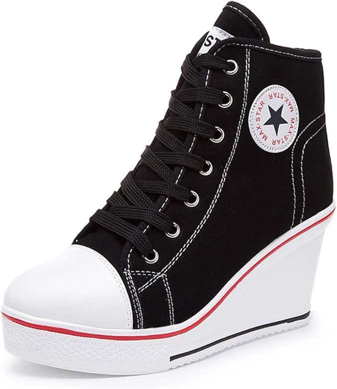 Women's Sneaker Fashion Canvas High-Heeled Shoes Pump Lace UP Wedges Side Zipper Shoes | Amazon (US)