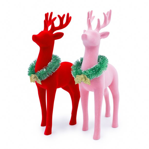 Packed Party Pink Flocked Deer with Wreath Table Top Christmas Decoration, 9.7-inch - Walmart.com | Walmart (US)