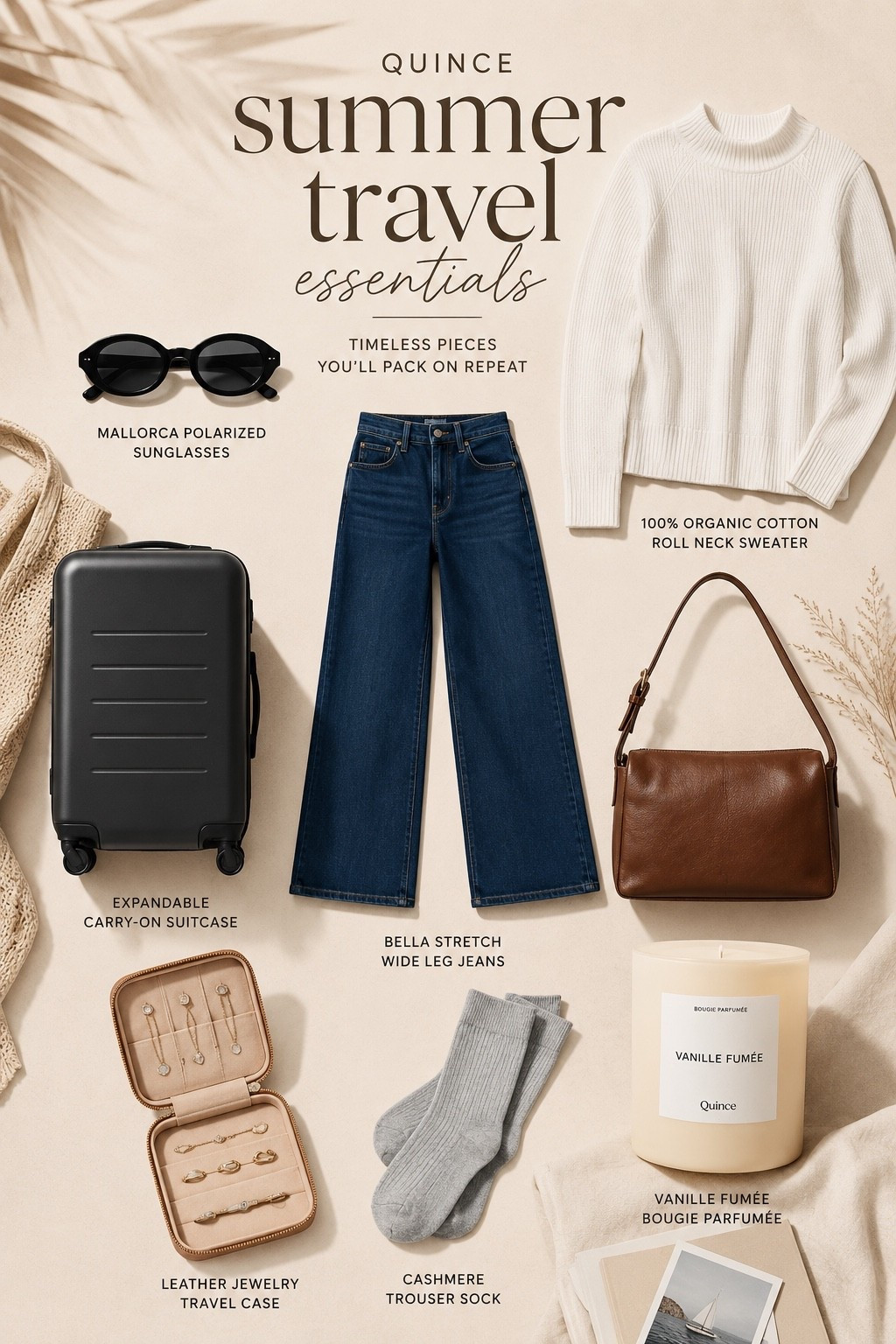The quiet luxury summer @Quince travel essentials I’m bringing on every getaway. 🤍

The best travel wardrobe starts with timeless pieces you’ll wear for years. A classic white roll neck sweater, dark wash wide leg jeans, sleek oval sunglasses, a beautiful leather handbag, an understated carry on suitcase, a leather jewelry travel case, and cozy cashmere socks for cool summer evenings.

And one luxury I’ll never travel without? A beautifully scented vanilla candle. Lighting it at the end of the day instantly makes any hotel room, vacation rental, or guest house feel warm, relaxing, and like home. It’s one of those small details that elevates the entire travel experience.

Inspired by Carolyn Bessette Kennedy’s effortless style, these are the chic summer travel essentials I’ll be packing on repeat. #Quince #QuincePartner