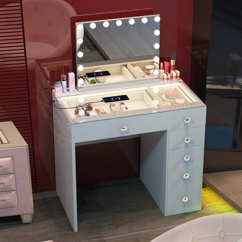 VANITII Makeup Vanity Desk 6 Drawers Dresser With RGB Lights Strip White/Pink/Black With 15 LED Bulbs Bluetooth Mirror Bedroom | Bed Bath & Beyond
