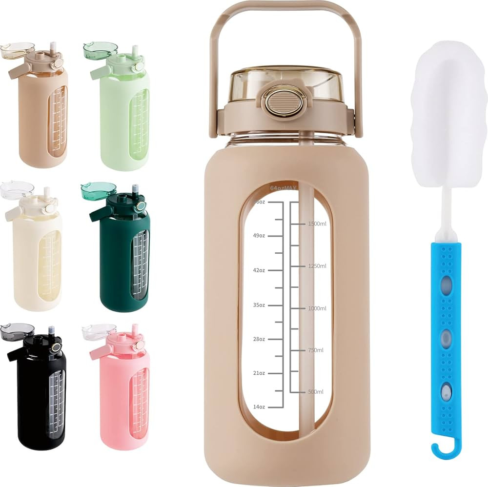 SIEROZUR 52oz Glass Water Bottle with Straw and Handle Lid Half Gallon Motivational Glass Bottle ... | Amazon (US)