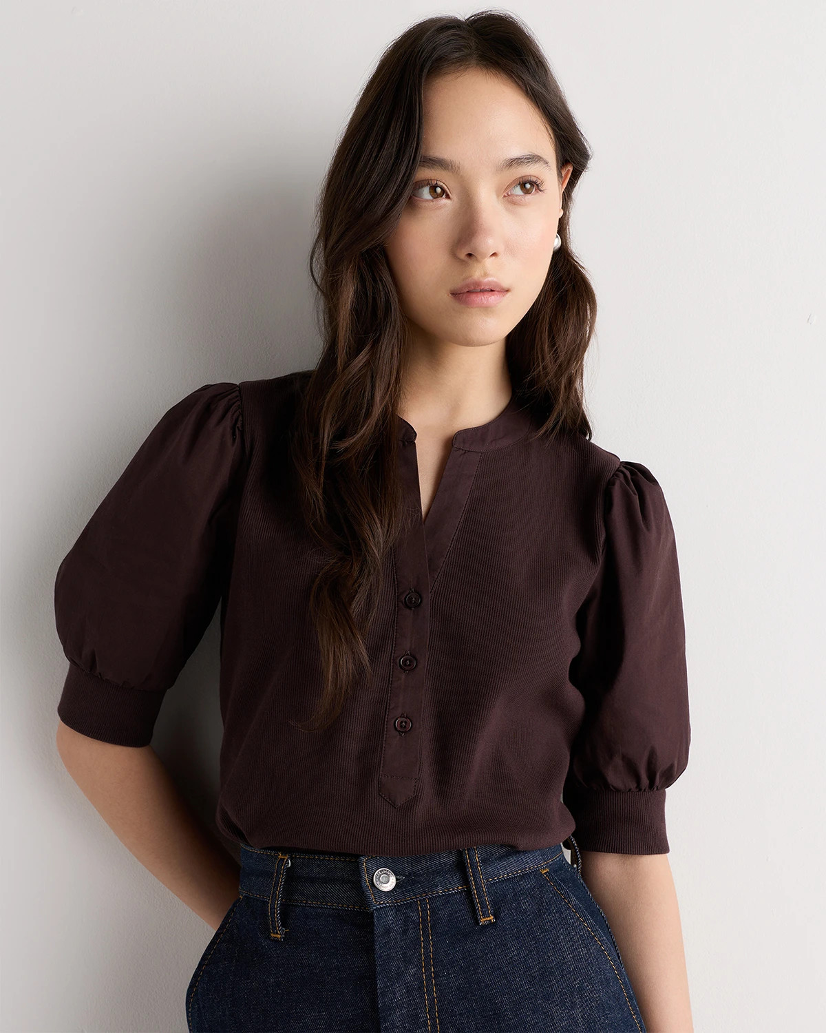 Quince | Women's Tencel Cotton Mixed Media Puff Sleeve Top in Black, Size Large | Quince