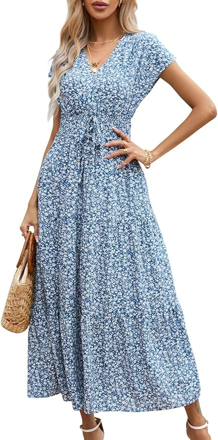 KILIG Women's 2023 Summer Casual Maxi Dresses Short Sleeve Wrap V Neck Boho Floral Beach Long Dre... | Amazon (US)