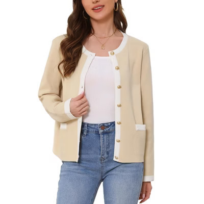INSPIRE CHIC Women's Knitted Short Sleeve Contrast Button Down Crew Neck Sweater Cardigan Small Beige | Target