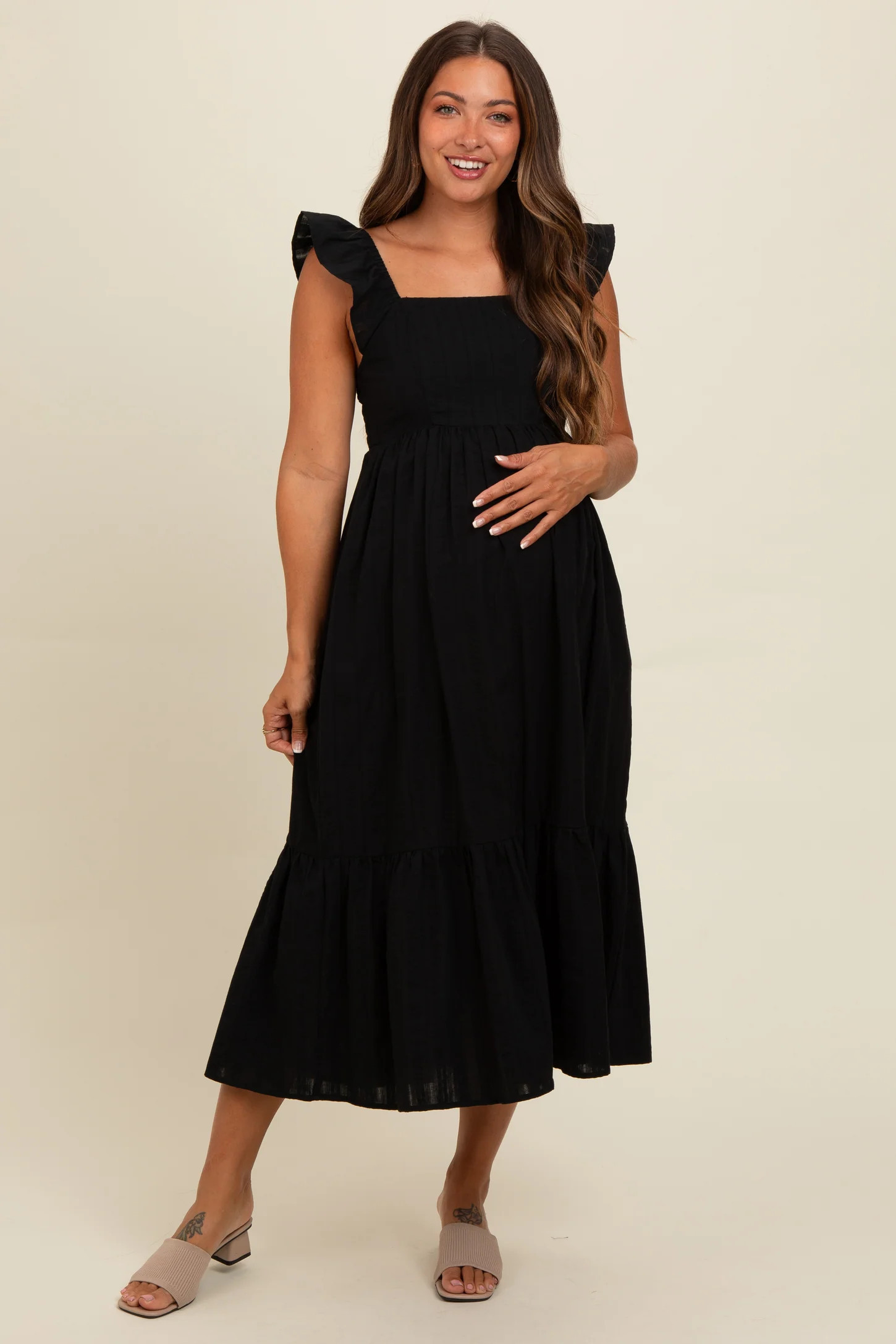Black Textured Cotton Ruffle Strap Maternity Midi Dress | PinkBlush Maternity
