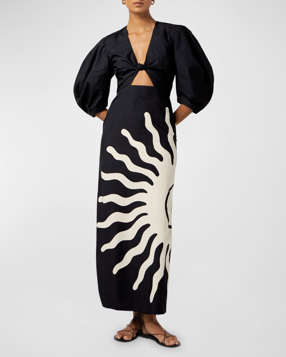 Gaia Puff-Sleeve Organic Cotton Midi Sheath Dress | Neiman Marcus