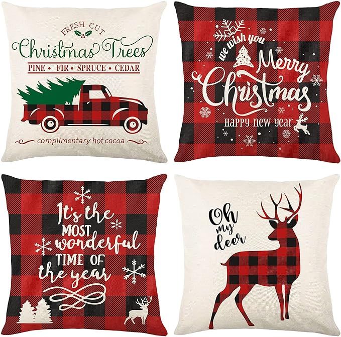 Christmas Pillow Covers 18×18 Inch Farmhouse Deer Pillowcase Black and Red Plaid Linen Pillow Co... | Amazon (US)