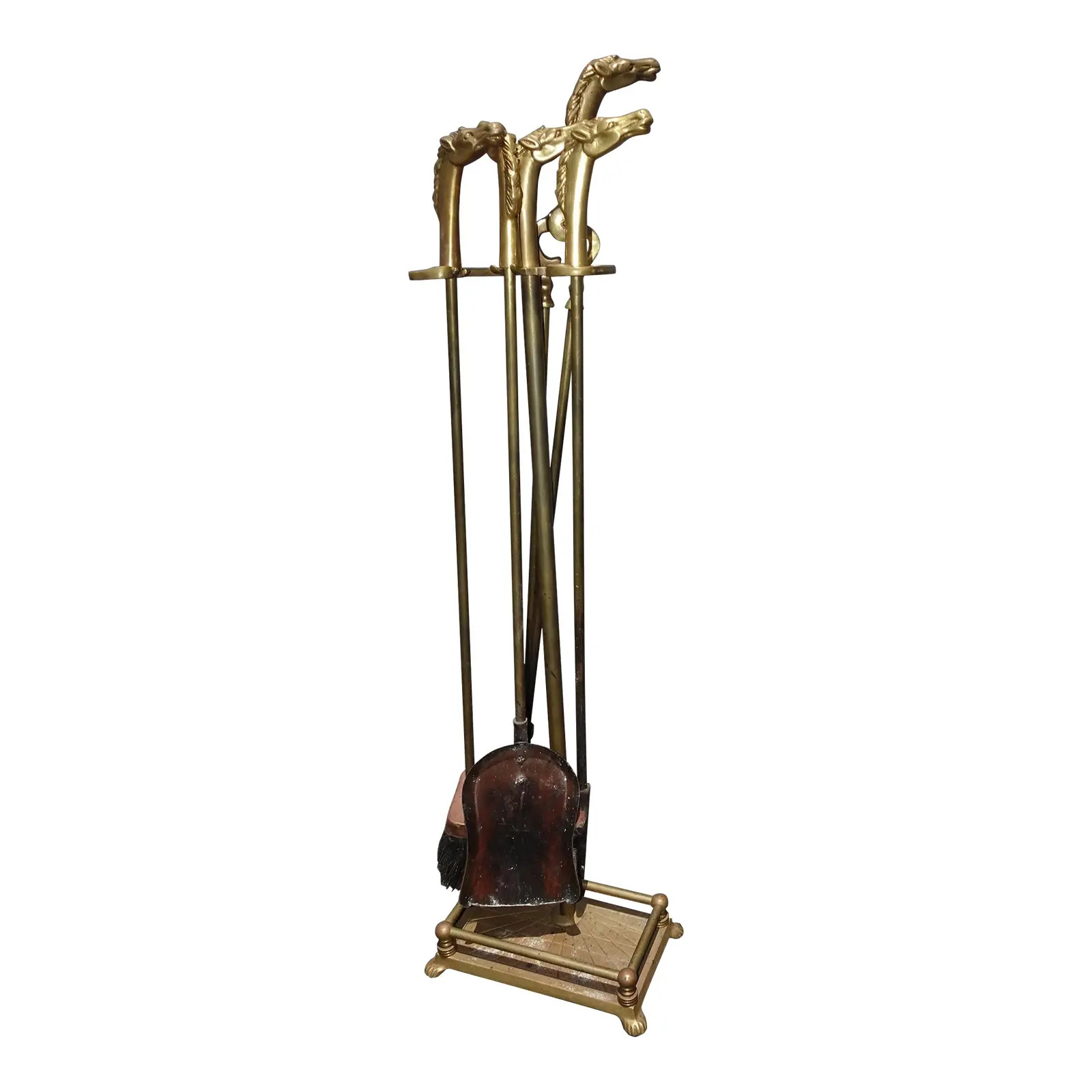 Vintage French Country Brass Fireplace Tool Set W Horses Head Handles | Chairish