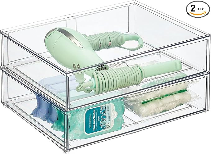 mDesign Wide Plastic Stackable Bathroom Storage Organizer Bin with Pull Out Drawer for Cabinet, V... | Amazon (US)