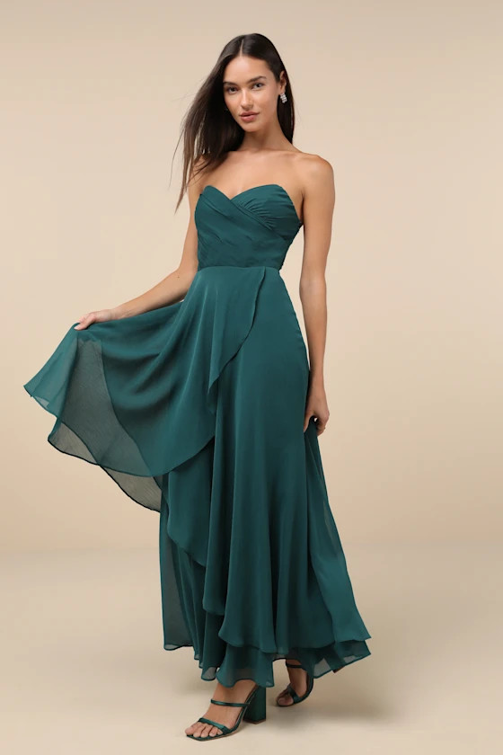 Emerald Green Pleated Strapless Maxi Dress | Green Wedding Guest Dress Green | Lulus