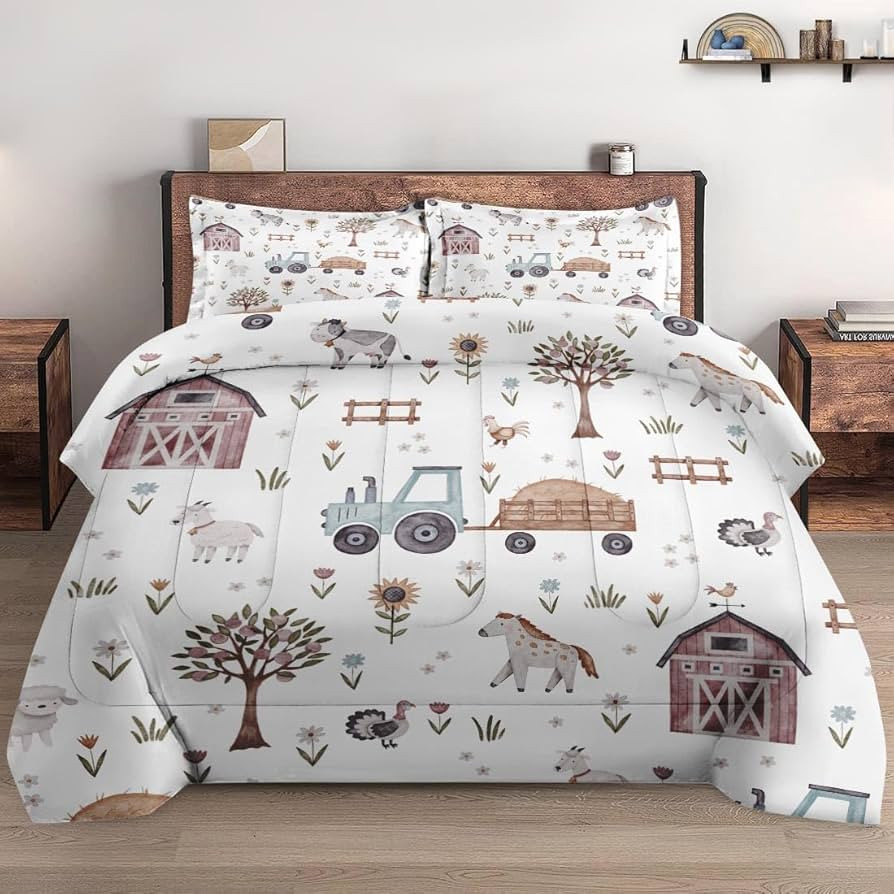 Full Size Comforter Set with 2 Pillowcases, Farm Animal Tractor House Tree Soft Bedding Set for K... | Amazon (US)