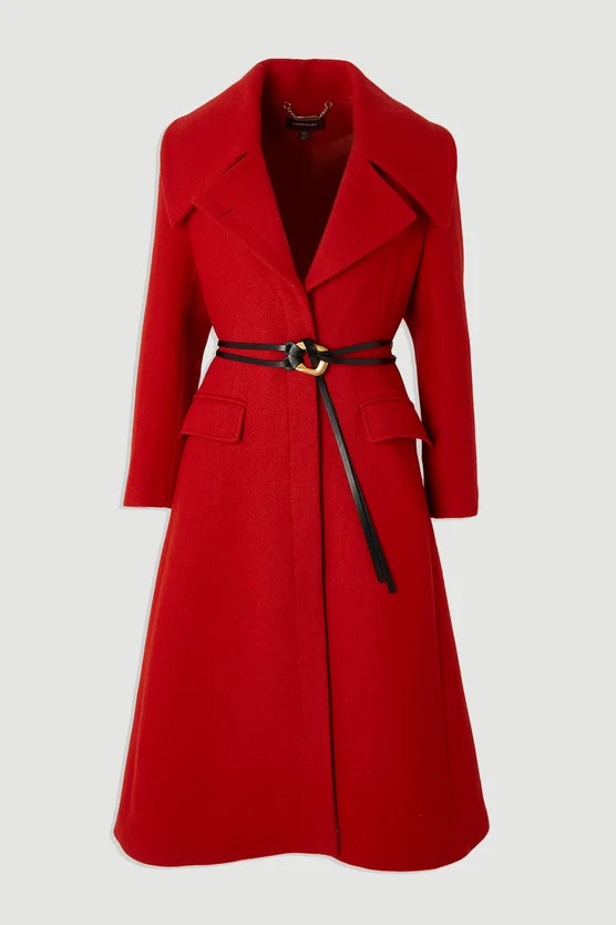 Wool Shawl Collar Belted Tailored Midi Coat | Karen Millen US