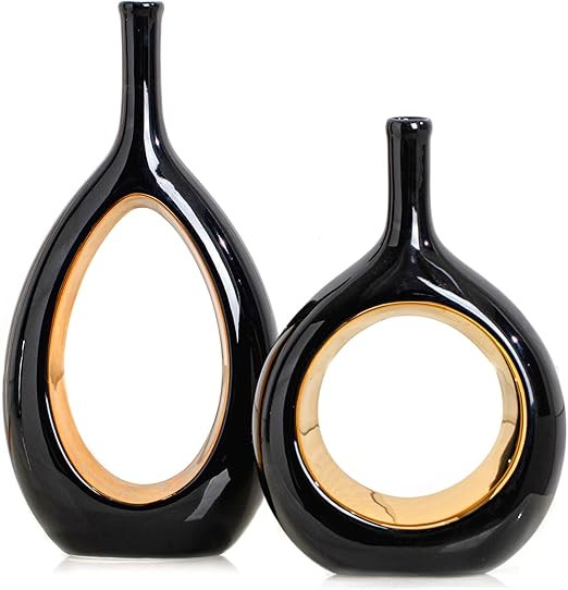 Modern Vases for Décor, Home Decorative Vases for Flowers, Black Gold Vase for Shelf Décor, Tab... | Amazon (US)