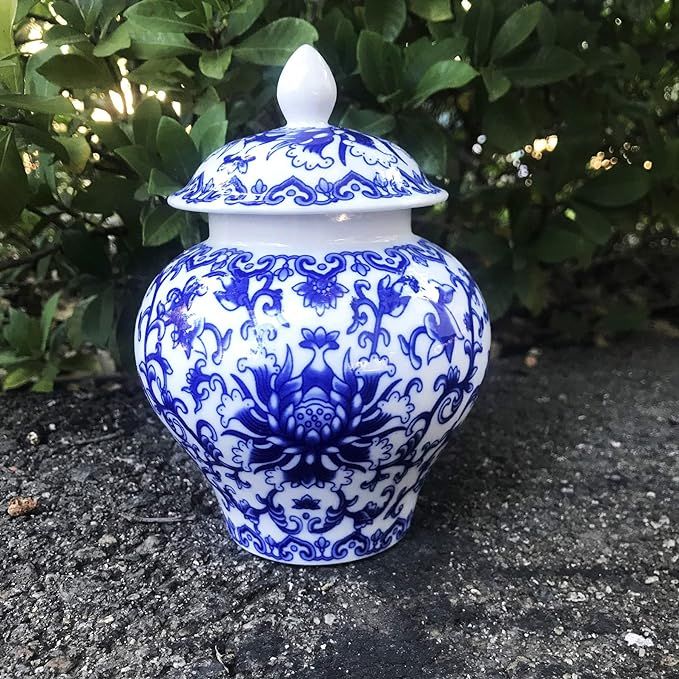 Ancient Chinese Style Blue and White Porcelain Helmet-shaped Temple Jar. Medium | Amazon (US)