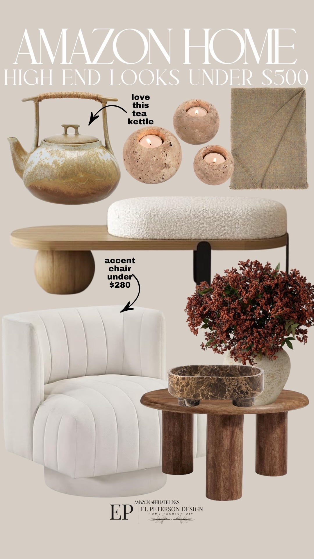 Amazon
Tea kettle
Candles
Blanket
Bench
Stems
Coffee table
Accent Chair

#LTKHome