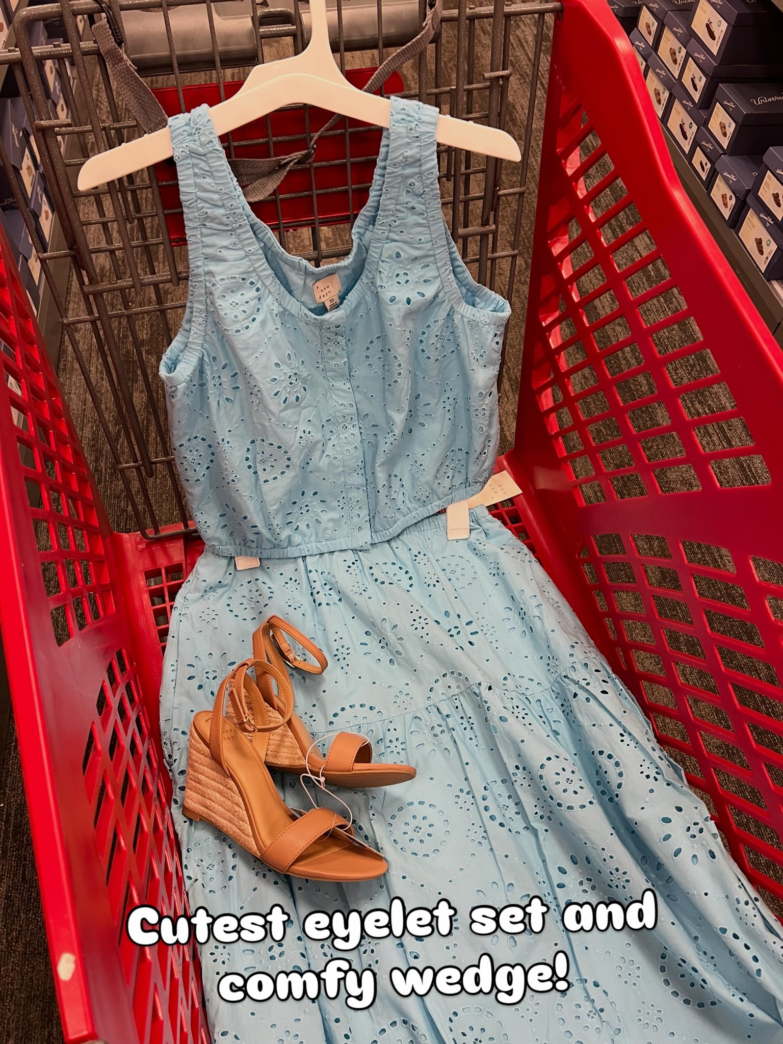 Eyelet cotton top and skirt matching set at Target, summer outfit idea. Also comes in white. Lined. Wedge sandals are so pretty if you’re in the market! #targetcreator #targetstyle