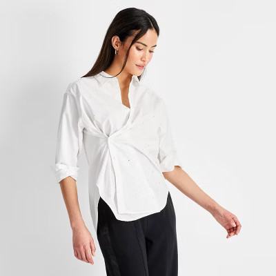 Women's Long Sleeve Collared Embellished Asymmetrical Button-Down Shirt - Future Collective | Target