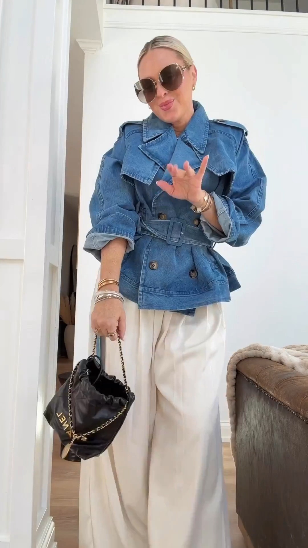 Obsessed with this outfit🤍🔥. The silhouette of these pants is so flattering and they’re under $90. They come in three colors and are such a good elevated everyday piece. I’m wearing a medium in the pants and S/M in the denim blazer jacket.
Think showers, graduations, brunch, date night- so good! 🤍🤍🤍

Spring outfits. Denim wrap coat. High collar. White pants. Dressy. Easter. Graduation. 

#LTKootd #LTKSeasonal