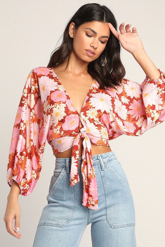 Moment of Mod Pink Floral Print Batwing Sleeve Tie-Front Top | Lulus (US)
