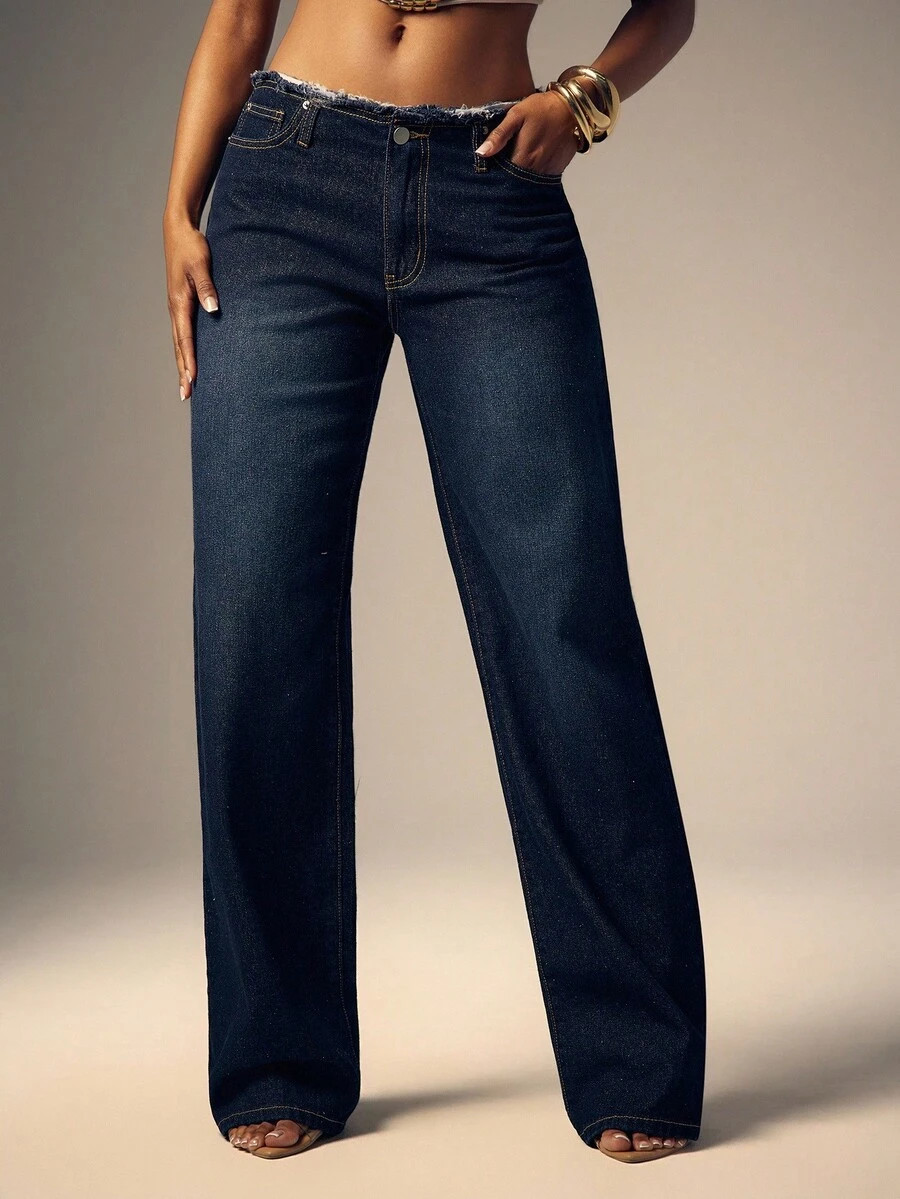 Denimoi Low Rise Raw Edge Straight Leg Denim Jeans Low Rise Jeans Low Rise Denim Jeans Fashionabl... | SHEIN
